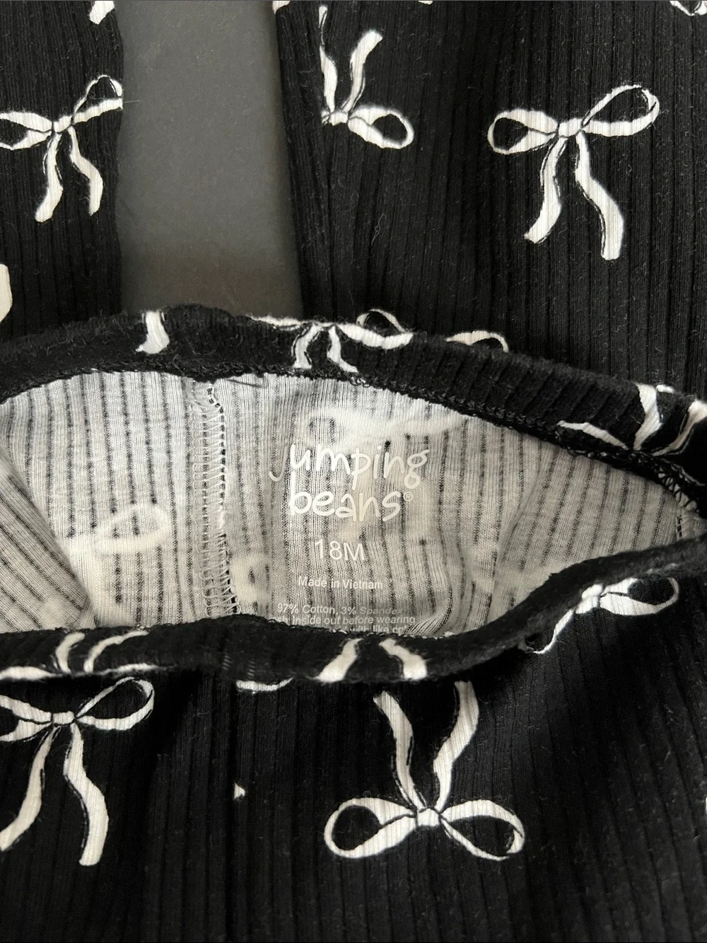 jumping beans Black Bow & Light Gray Daisy Ribbed Tights
